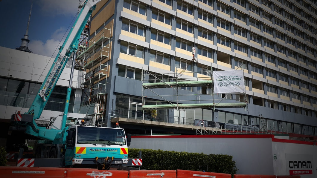 Scaffold being craned into position on Copthorne Refurbishment